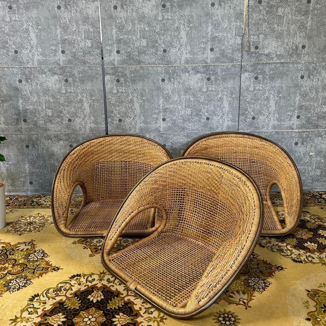꧁今枝ラタン꧂座椅子3脚 籐家具 いす イス チェア 昭和レトロ モダン 今枝商店 籐 回転座椅子 ラタンチェア ロータイプ クッション付 座面高