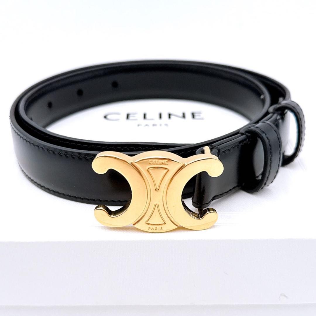 【未使用に近い】セリーヌ トリオンフ ベルト レザー ゴールド ブラック 70 CELINE セリーヌ ベルト ブラック ゴールド トリオンフ レザー vintage