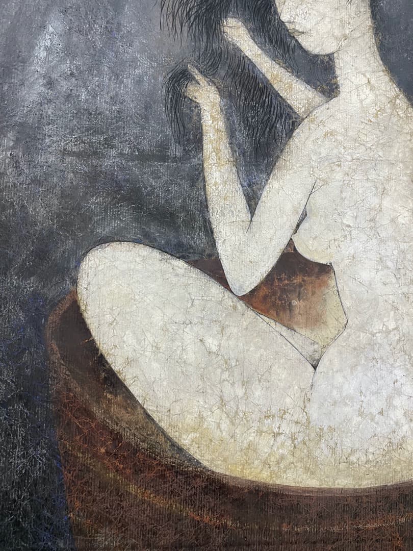 中村直人『髪を梳く図(裸婦)』F15 原画 ガッシュ 作家直筆サイン入り 額装