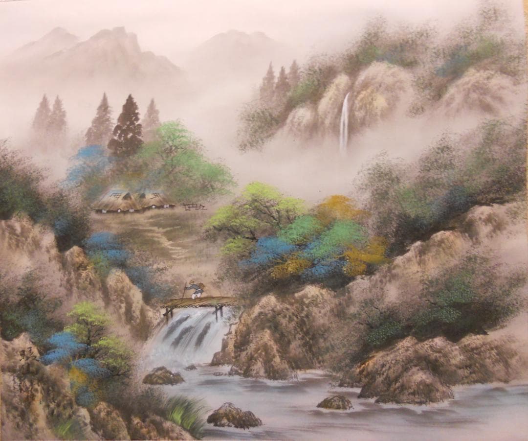 掛け軸 梅田晴山 彩色山水 絹本 希少 軸装 茶道具 掛軸 美品 です。 掛け軸 春堂 彩色山水 絹本 希少 軸装 茶道具 掛軸 美品 です。 掛け軸