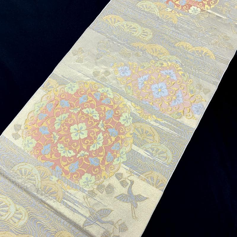 506my12◇川島織物 本金 唐草 松 鶴 源氏車 流水 金糸 六通 本袋帯