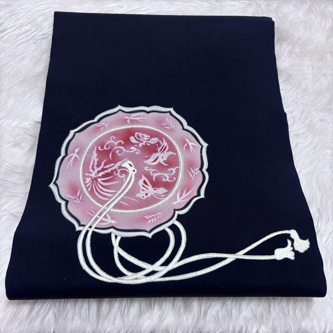 ✨ 【美品】九寸名古屋帯 モダン 鏡裏 お太鼓柄 黒地 帯 和装 和服 436