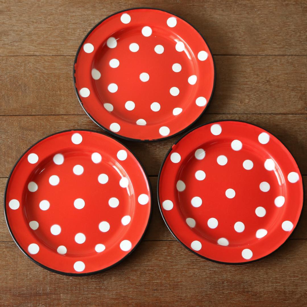 フランス アンティーク ホーロー ポルカドット プレート 24cm 3枚 フランス アンティーク ホーロー ポルカドット プレート 24cm 3枚