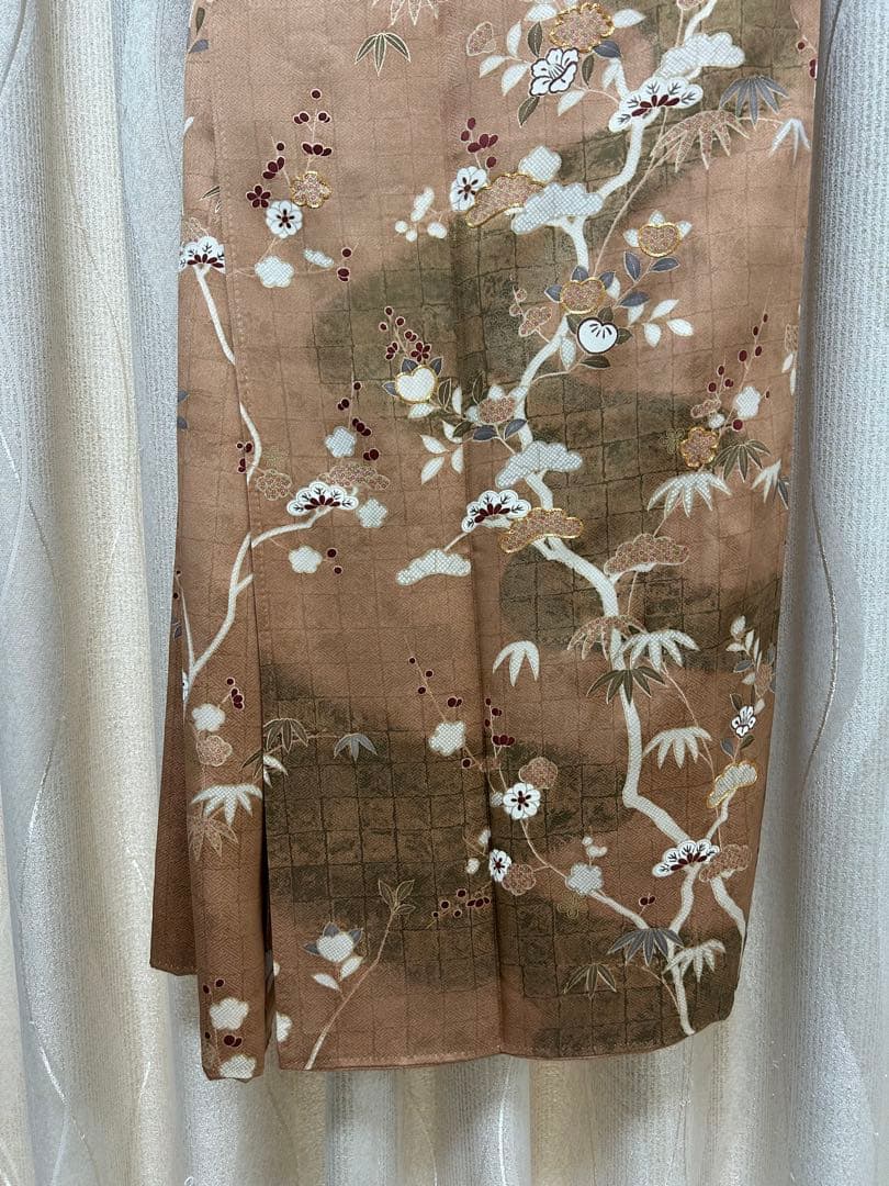 美品 訪問着 ブラウン S S サイズ 金刺繍 松竹梅 椿 美品 パール加工