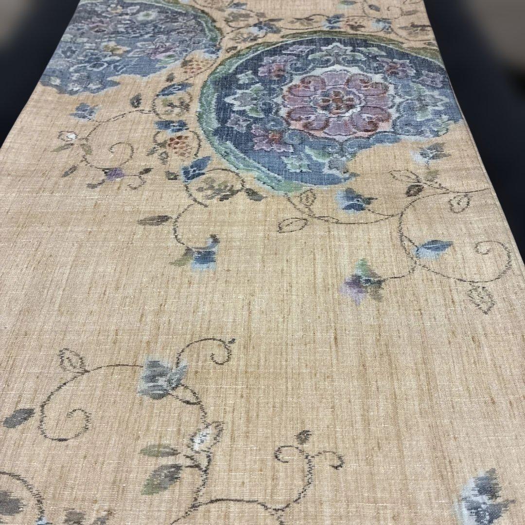 袋帯 紬地 華文 花唐草 ベージュ 六通 正絹