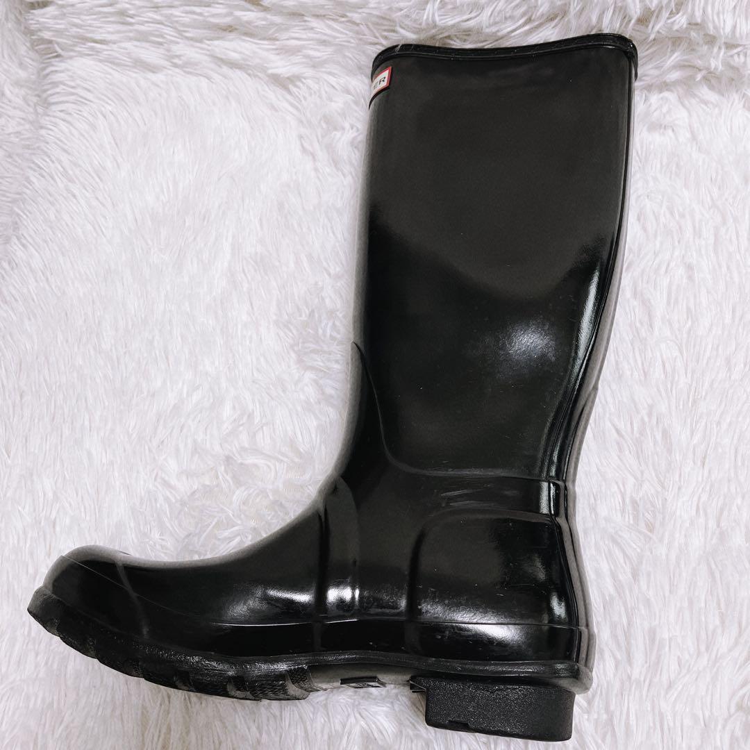《美品》HUNTER レインブーツ トール グロス サイドベルト 24cm 黒