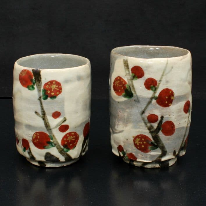 新品未使用】【共木箱付】【説明書付】 紅白梅 虎溪山 水月窯 湯呑み