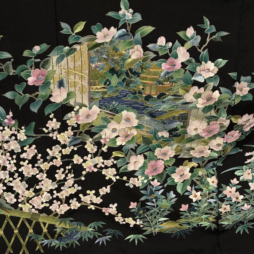 D6 黒留袖 総刺繍 蘇州刺繍 花模様 正絹 着物 袷 美品 - メルカリ