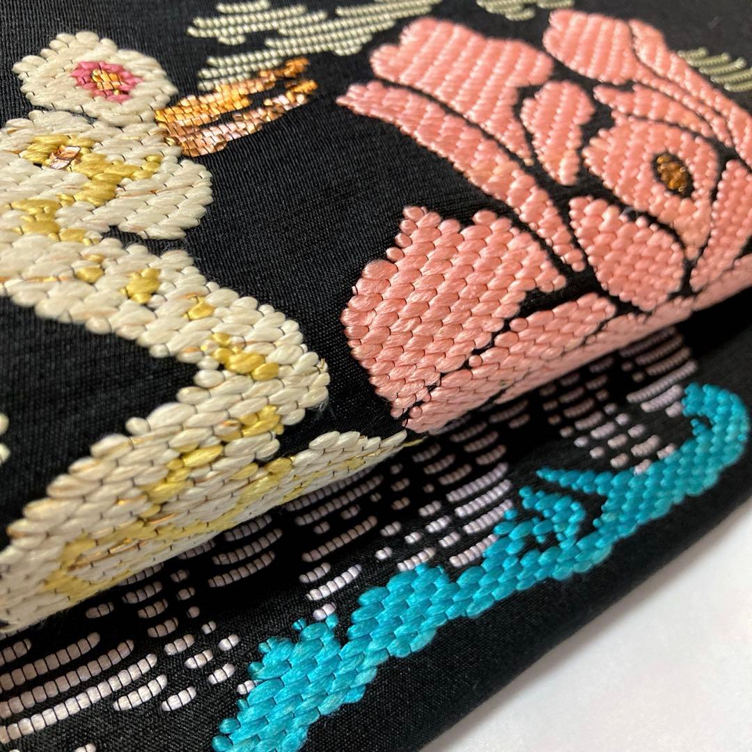 袋帯【龍村平蔵】錦織 手織工芸 正絹 花孔雀紋 黒色 着物帯