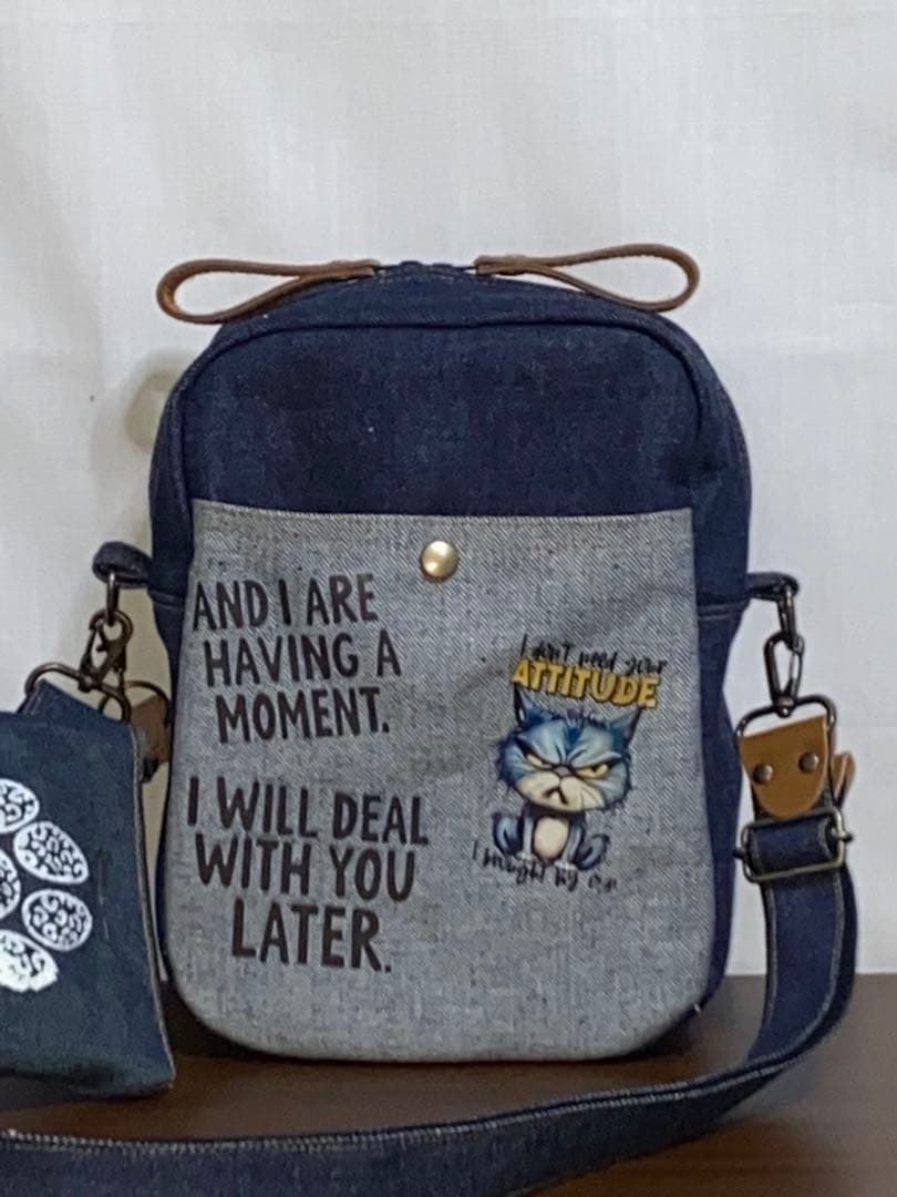 男女兼用☆岡山デニム♪ステンシル☆トラネコ☆Sサイズ☆3wayボストン 男女