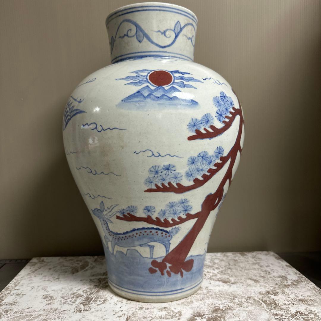李朝、白磁、辰砂、鹿、鶴、亀図、大壺。 朝鮮美術 陶磁器 | 李朝白磁染付辰砂枝菊文丸壺 | gallery陽々youyou