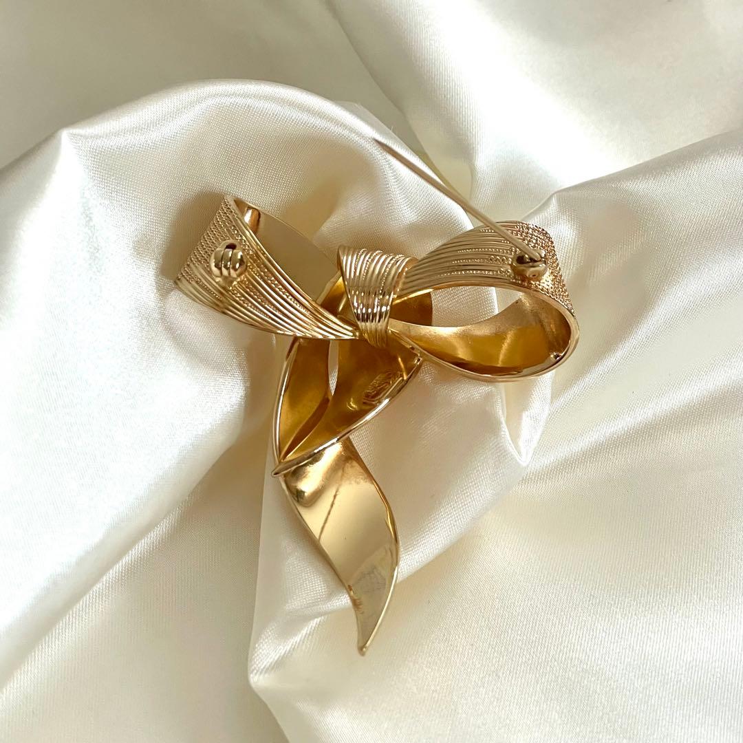 Christian Dior ブローチ リボン ゴールド 大ぶり ビンテージ