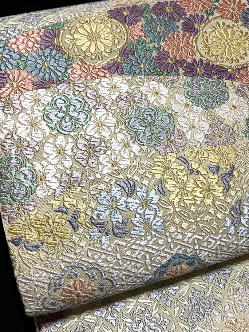 唐織春秋 袋帯 六通柄 正絹 新小石丸 花文 菊 桜 吉祥文様 美品 イ6362