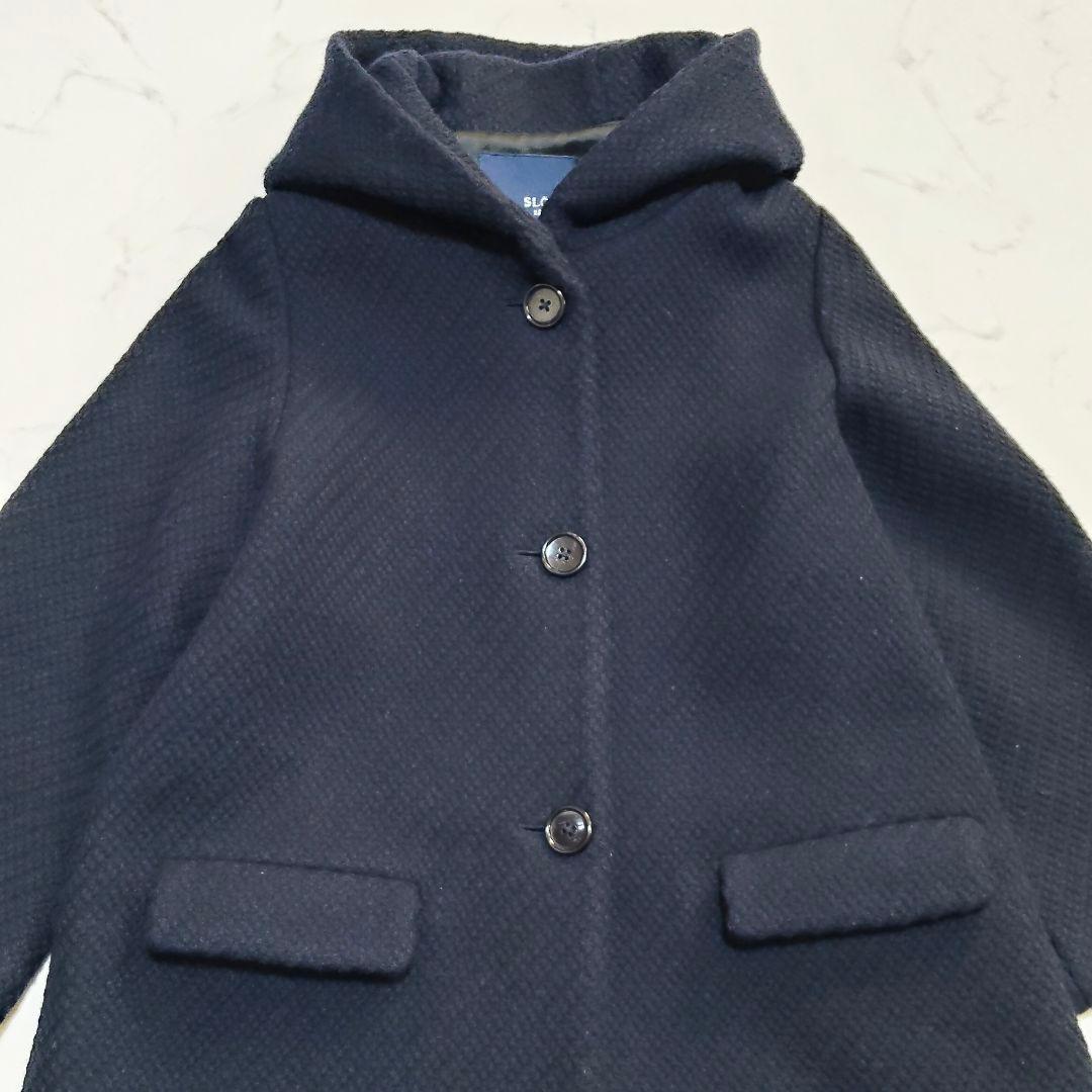 スローブイエナ フード ウールコート Aライン ツィード ネイビー