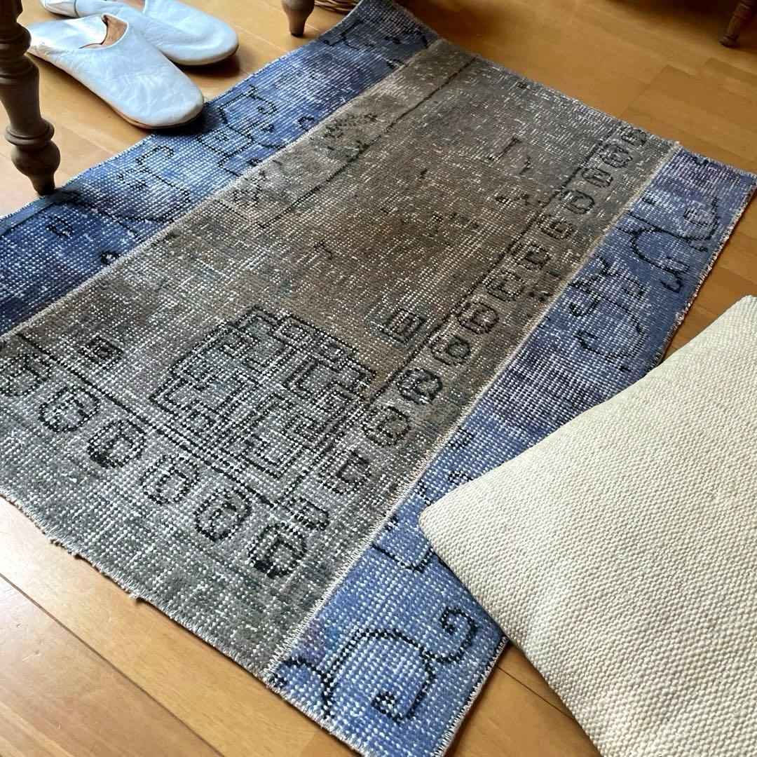 58×82 パッチワークオーバーダイ　ブルー×グレイ　トルコヴィンテージラグ sale】 71×120 パッチワーク 手縫い レア オーバーダイ トルコ
