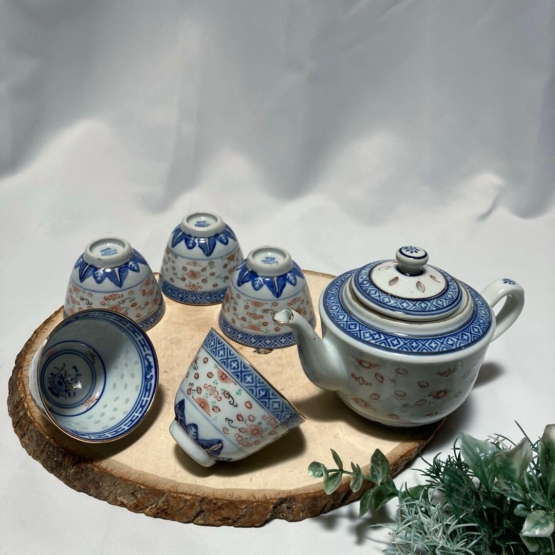 中国茶器 景徳鎮 急須湯のみ5客 青花 蛍手 ホタル焼 オレンジ 透かし彫