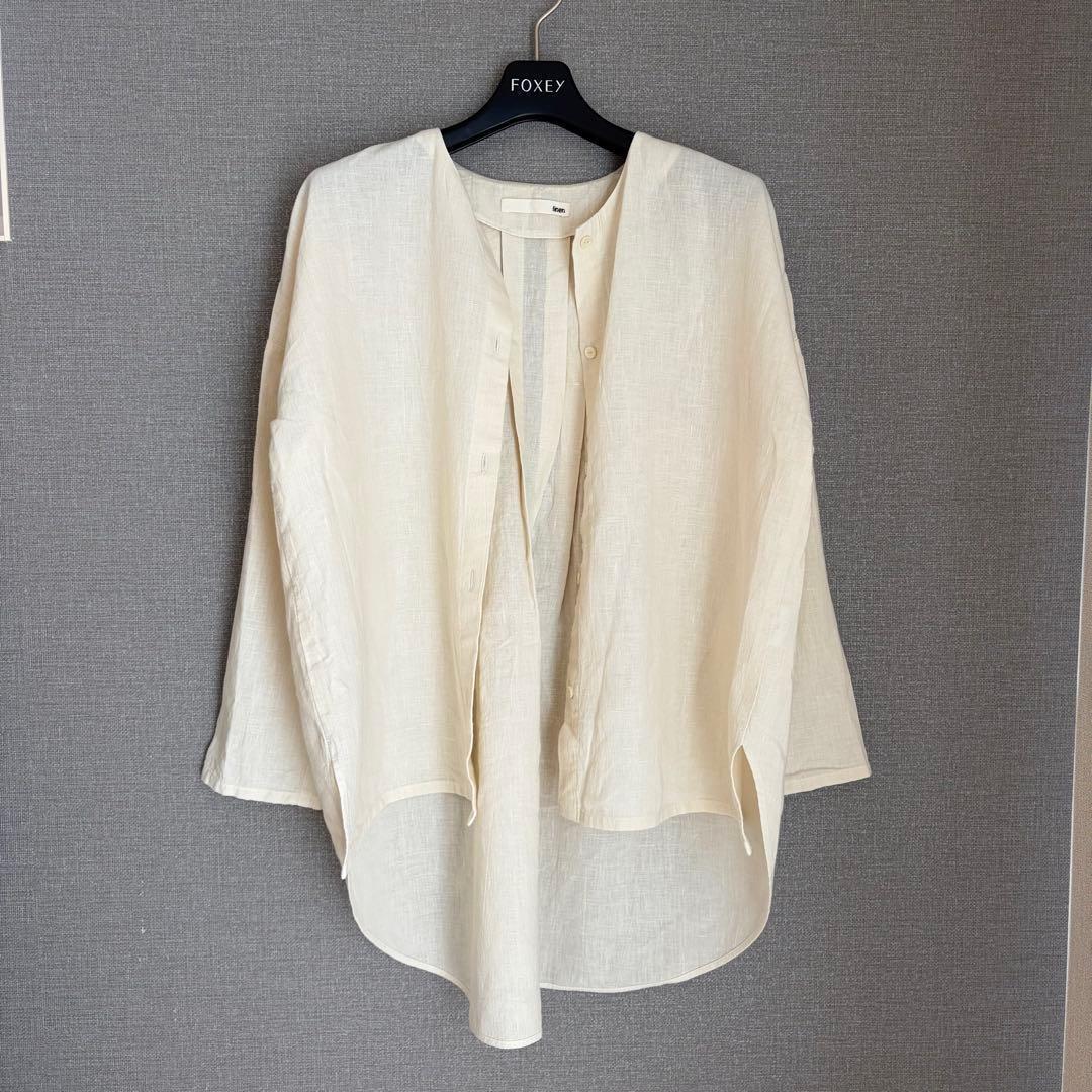 未使用級✨evam eva 水撚りリネンノーカラー 長袖ブラウス アイボリー