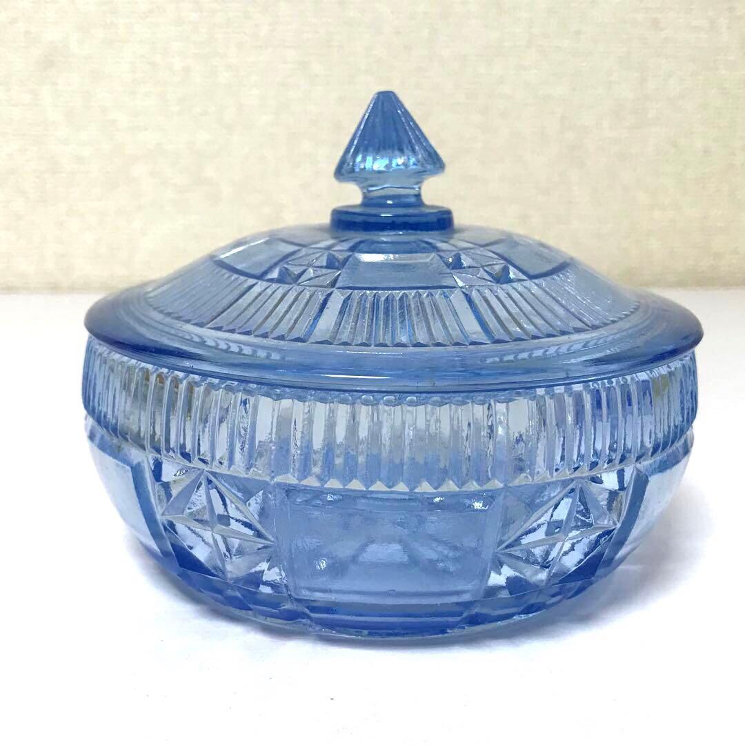 昭和レトロ プレスガラス キャンディポット 青ガラス 蓋付き ガラス