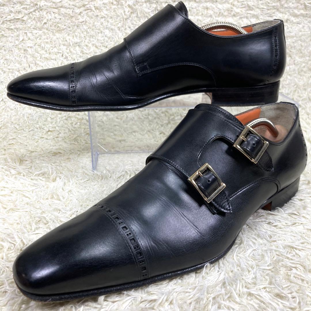 『美品』Santoni ダブルモンクストラップ ストレートチップ メダリオン　黒 美品』Santoni ダブルモンクストラップ ストレートチップ メダリオン
