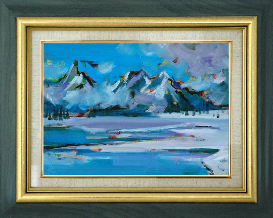 油絵 菅家令子 絵 絵画インテリア額付(青緑＋金色の枠)uF6-062903