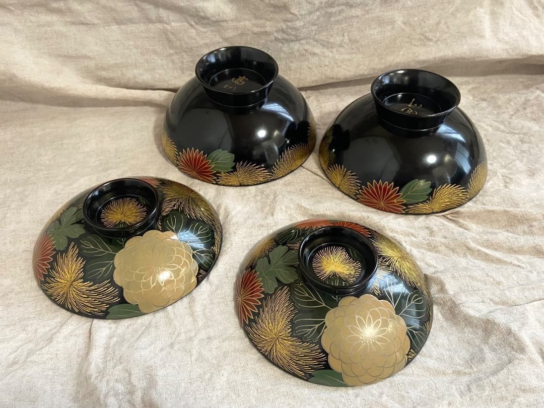 輪島塗 黒塗 菊詰沈金花蒔絵 蓋付椀 2客 / 懐石椀・蒔絵椀・雑煮椀