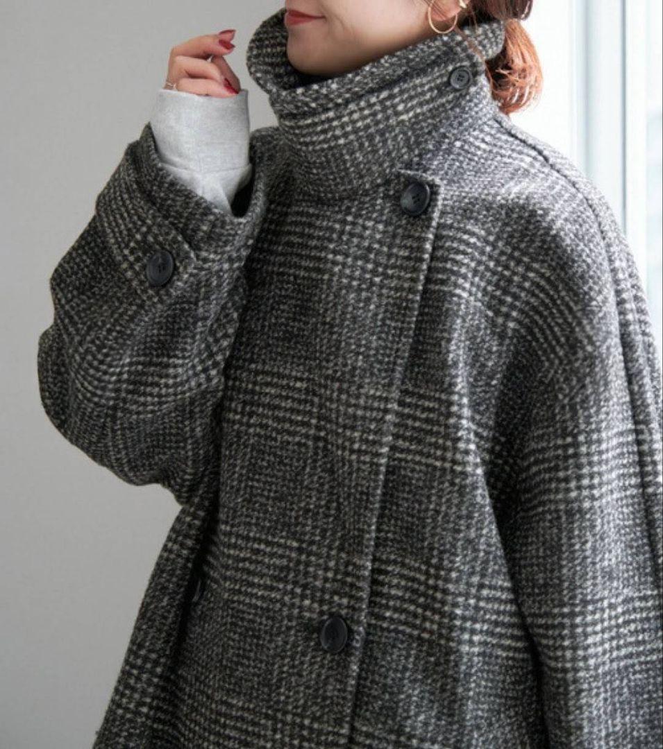 24AW スピックアンドスパン Wスライバーチェックハーフコート 36 黒