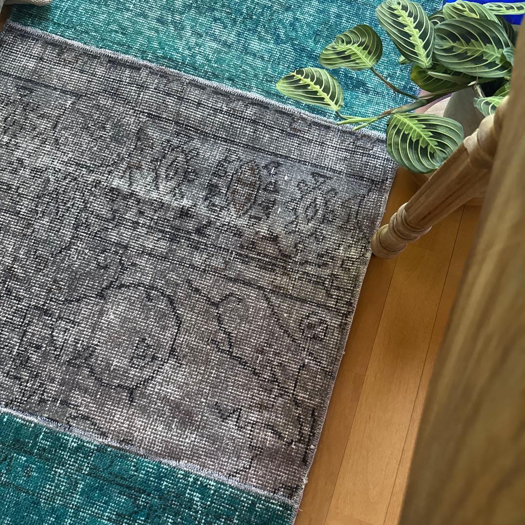 67.5×119パッチワーク ブルーグリーン×グレイ トルコヴィンテージラグ