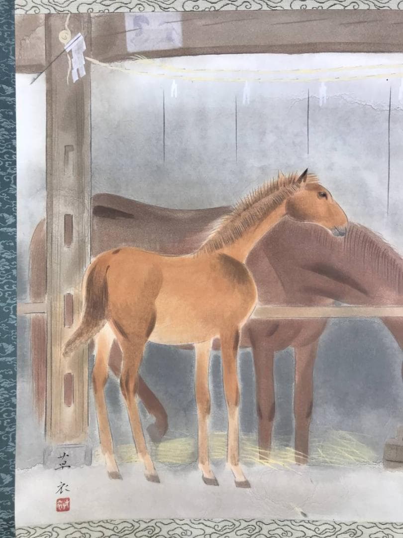 真作】貴道草衣/厩舎/双馬図/馬図/横物/掛軸/名家伝来/