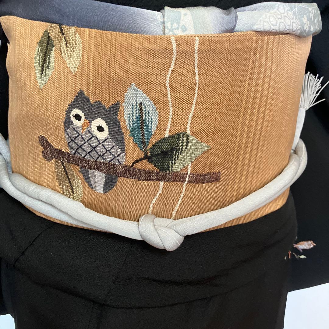 K*O様 フクロウ刺繍の黒い小紋着物 袋帯