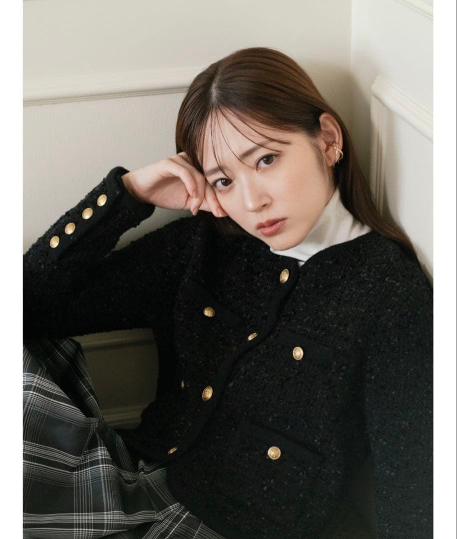 FRAY I.D ミックスツイードニットカーディガン　ノーカラー ブラック 黒 FRAY I.D（フレイアイディー）の「ミックスツイードニットカーディガン