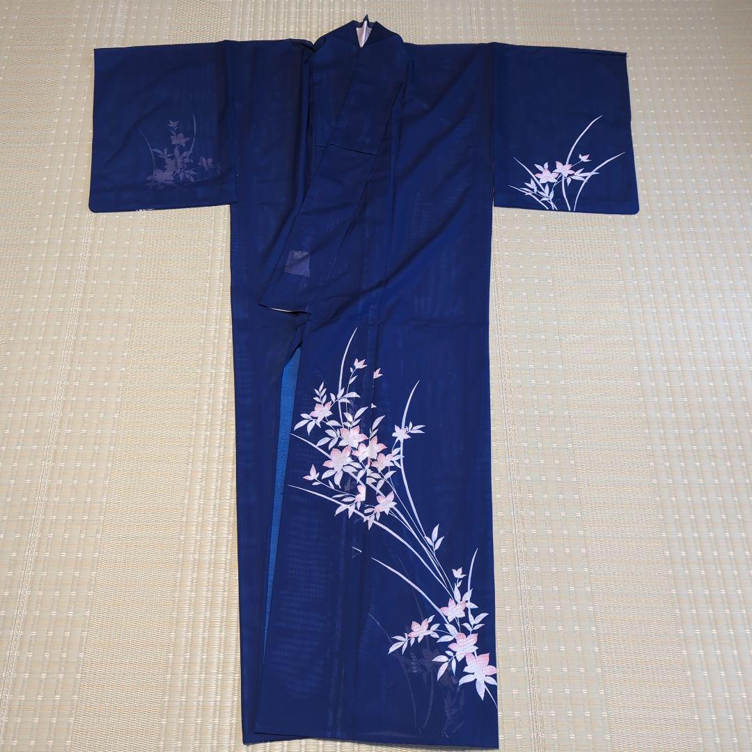 絽 夏着物 訪問着 付け下げ ネイビー 花柄