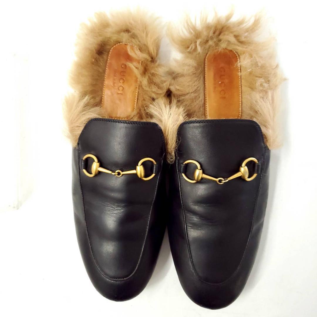 グッチ ホースビット ミュール フラット サンダル ファー 本革
