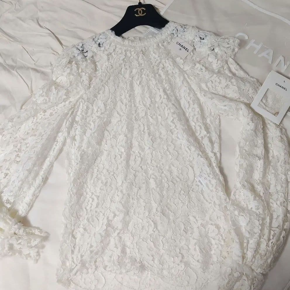 希少／美品】CHANEL 長袖ブラウス 総レース ティアード フラワー