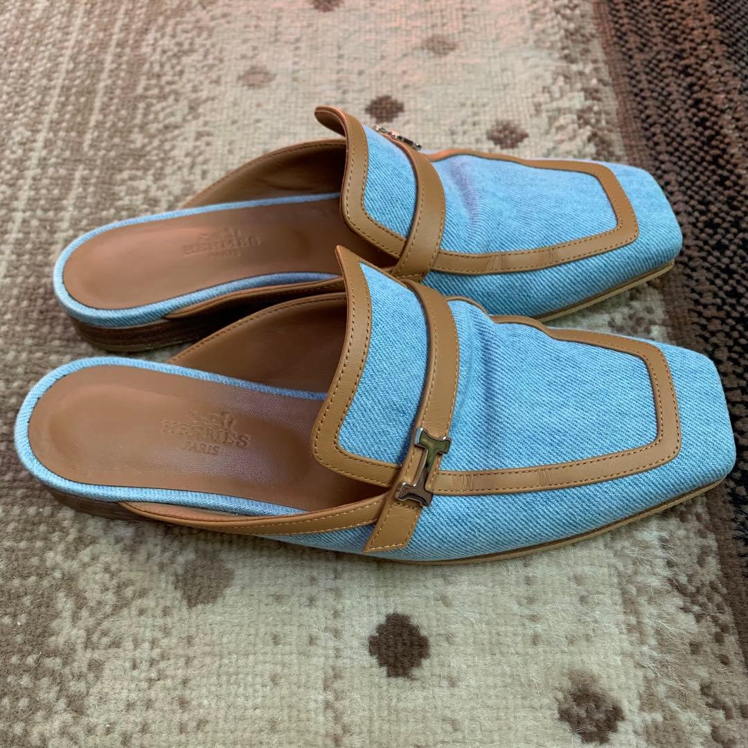 HERMES エルメス グルーピー デニム レザー サンダル 35 22.5cm