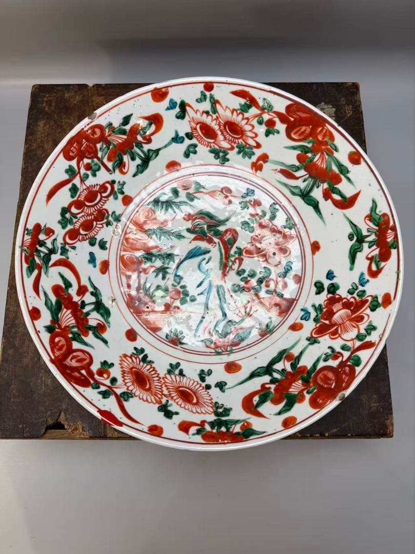 DT518 中国美術 呉須赤絵 鳳花紋皿 35.5cm 明末期 美品