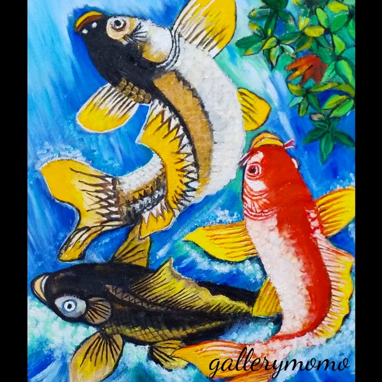 飛び跳ねる3匹の鯉 絵画 油絵 鯉 原画 絵 油彩 アート oilpainting