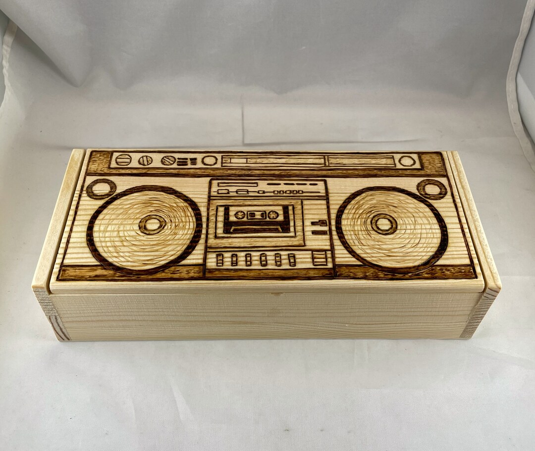 Vintage Boombox Wood Burned Large Pencil Box, Pyrography, Hinge