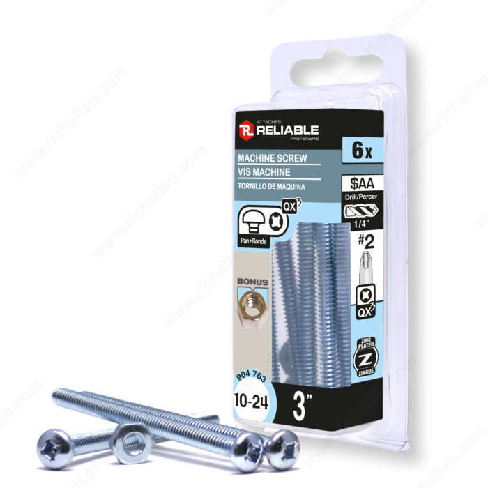 Zinc Plated Machine Screw with Nut, Pan Head, Quadrex Drive, 10-24