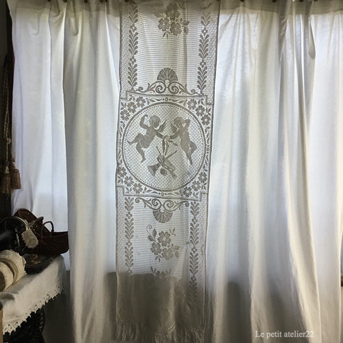 カーテンF)フランス アンティーク フィレレース カーテン 天使