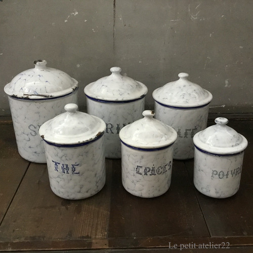 6個セット) フランス アンティーク ホーロー キャニスター 青 マーブル