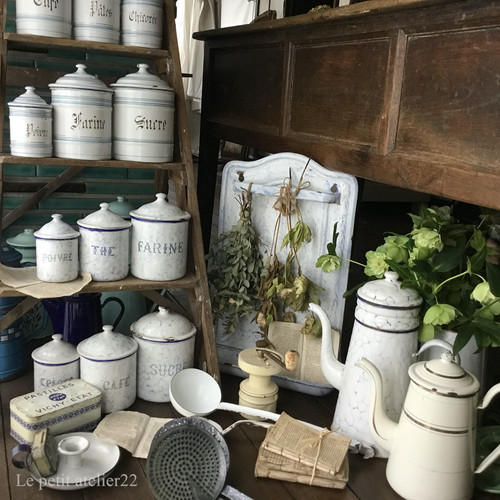 6個セット) フランス アンティーク ホーロー キャニスター 青 マーブル