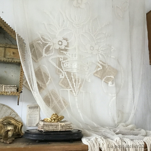 フランス アンティーク リネン フィレレース カーテン ライトエクリュ