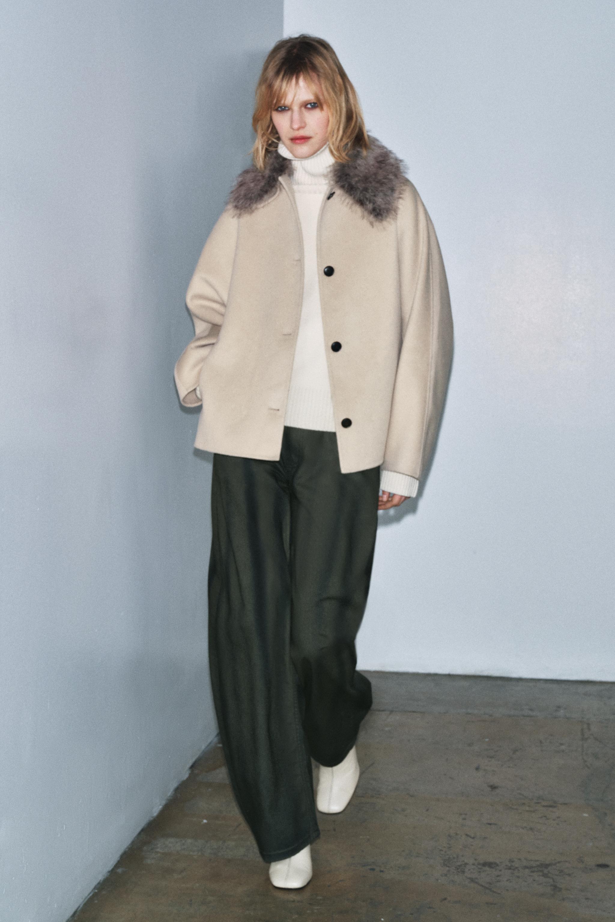 ZW COLLECTION ウール&フェイクファー襟ジャケット - ベージュ | ZARA