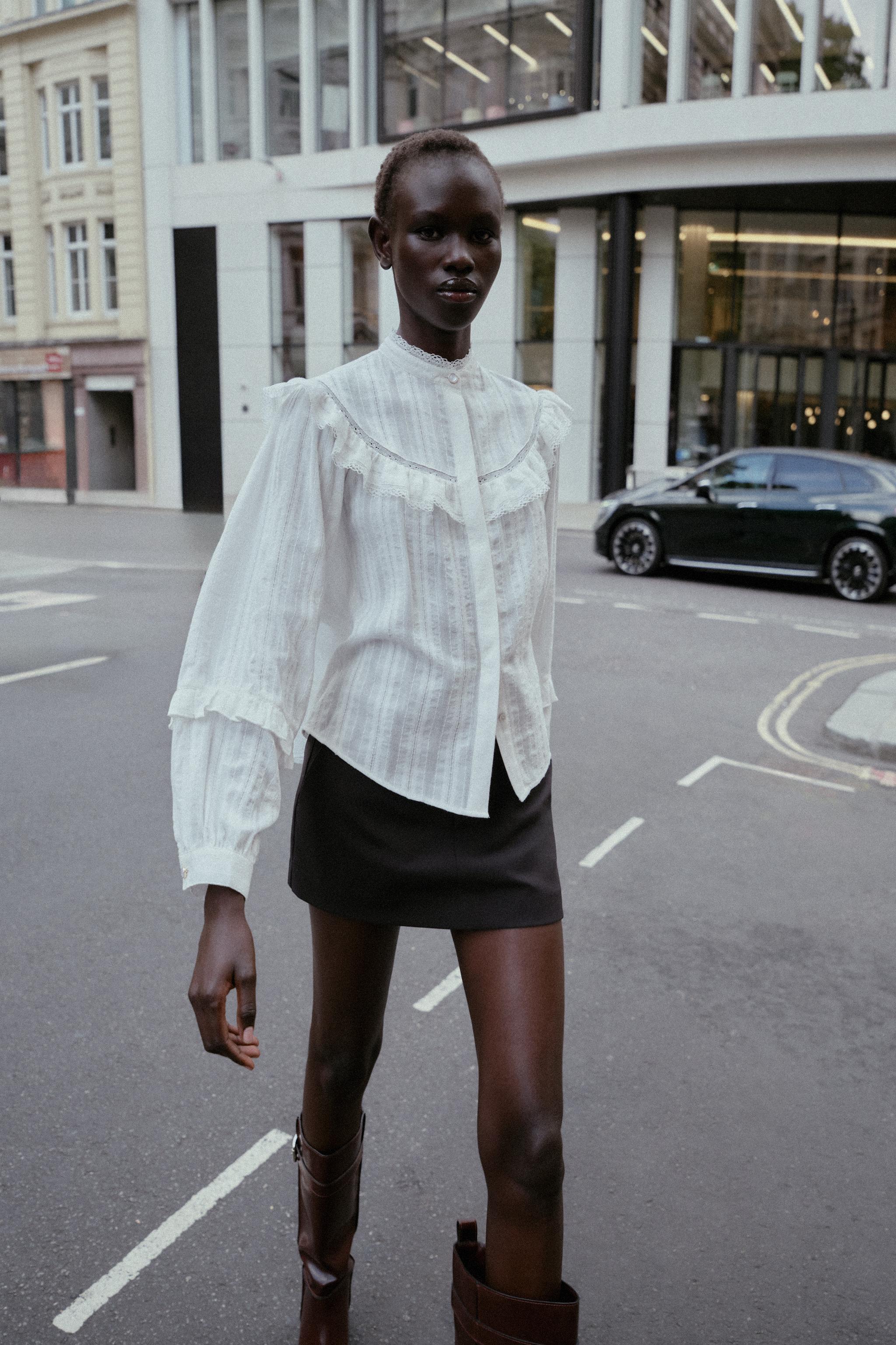 LACE TRIM RUFFLE BLOUSE - White | ZARA Canada