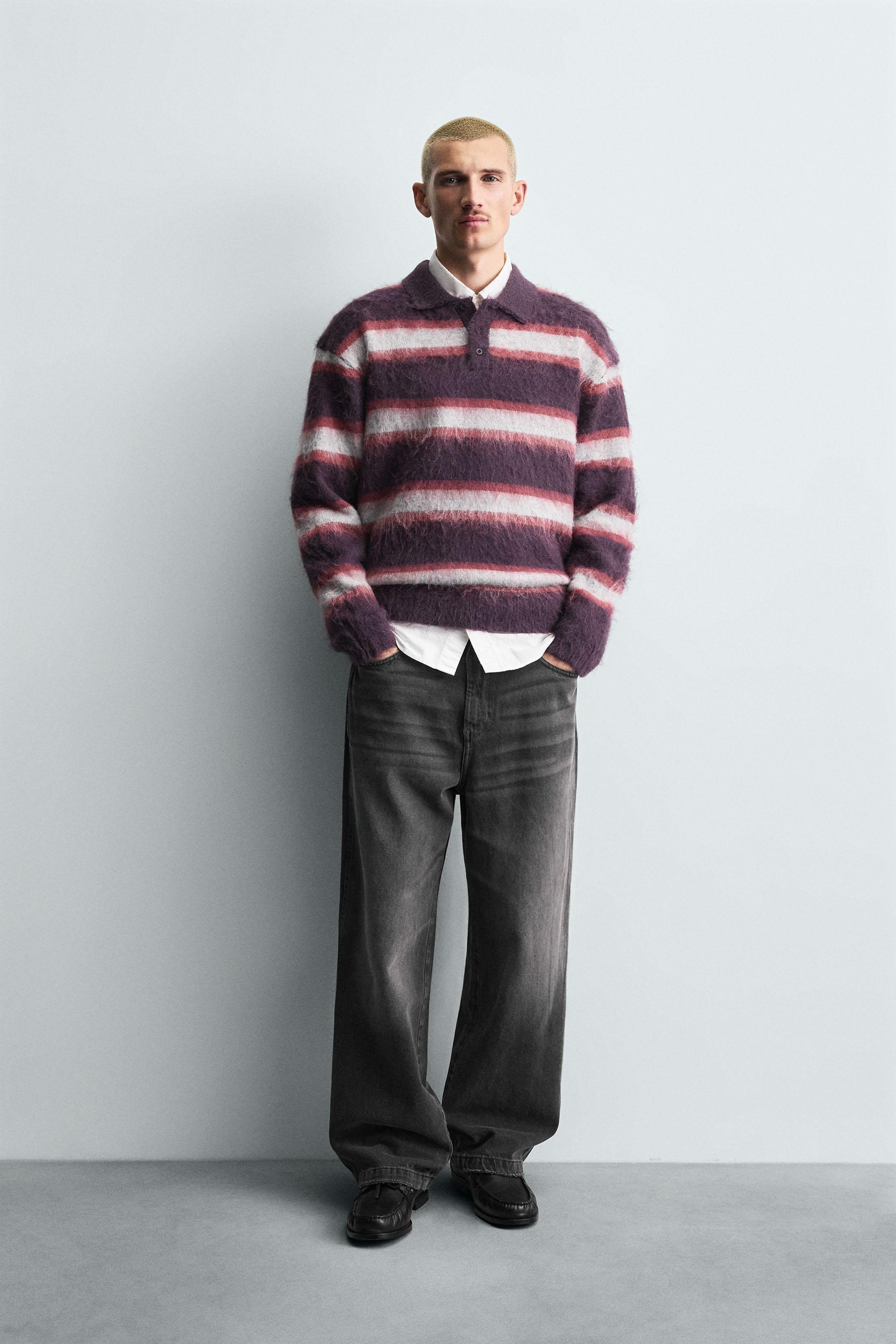 起毛ストライプニットポロシャツ - ワイン | ZARA Japan / 日本