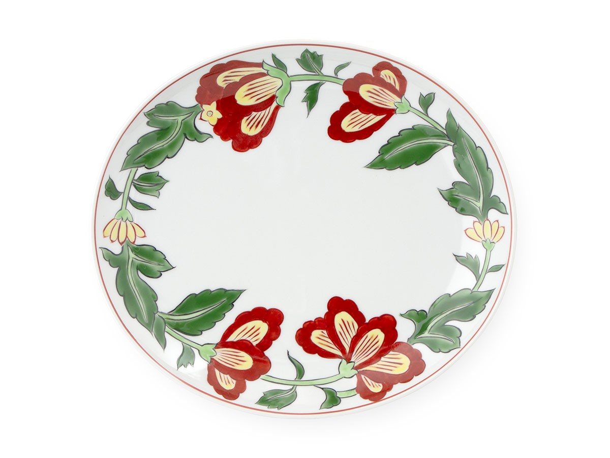 源右衛門窯 赤絵更紗唐花紋 楕円皿・大 / げんえもんがま 赤絵更紗唐