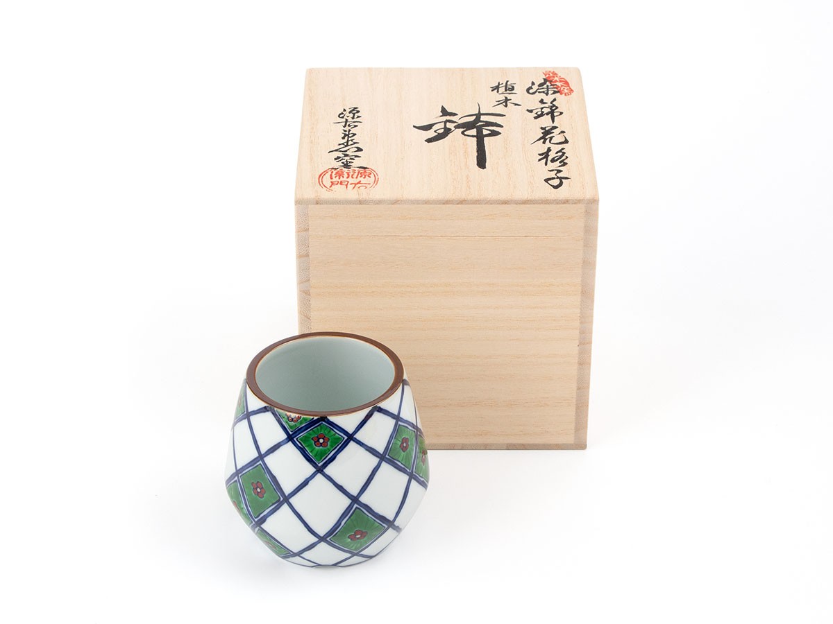 源右衛門窯 染錦花格子 植木鉢 / げんえもんがま 染錦花格子 植木鉢