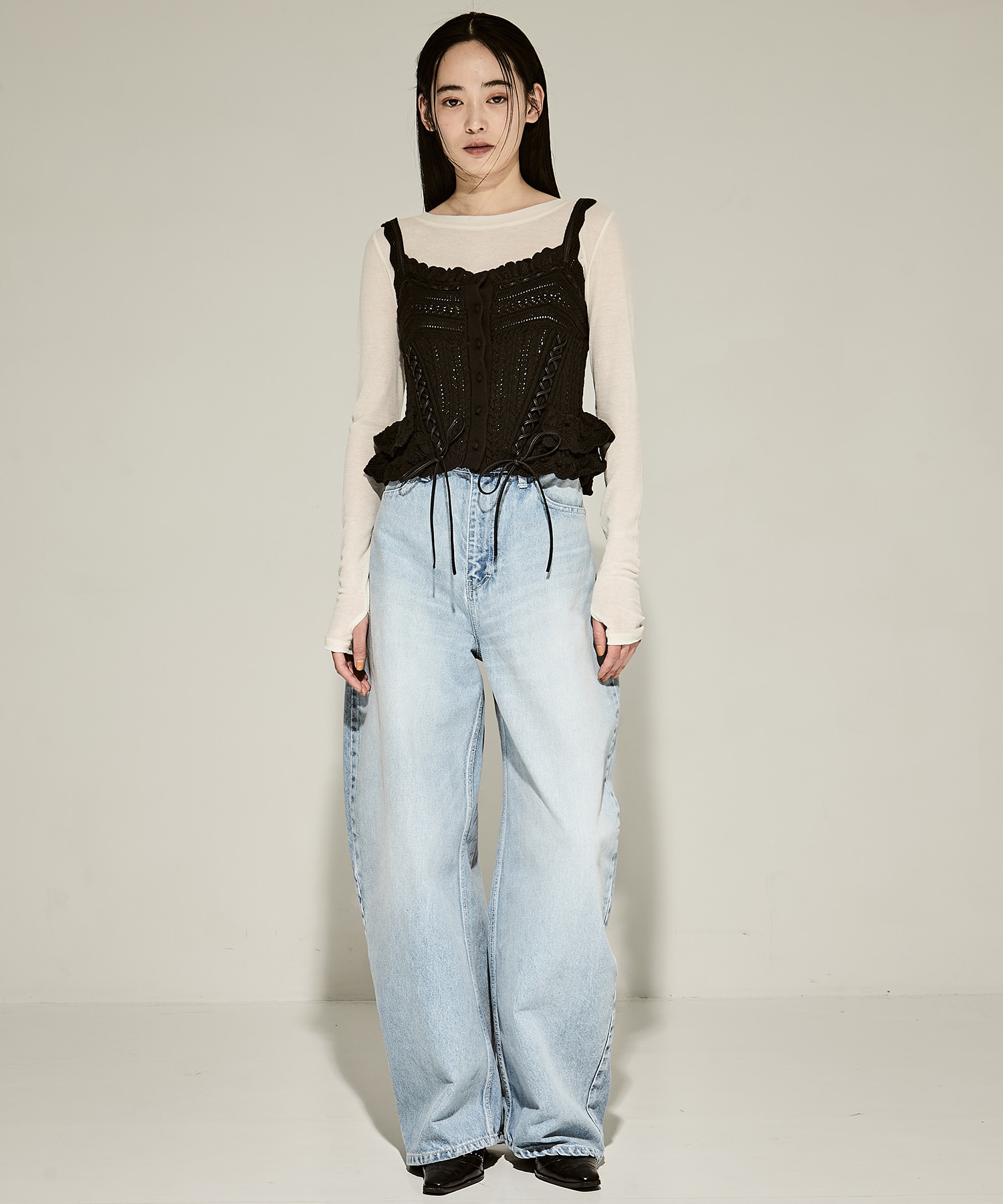 lace up ribbon knit camisole(FREE BLACK): tanakadaisuke: WOMENS